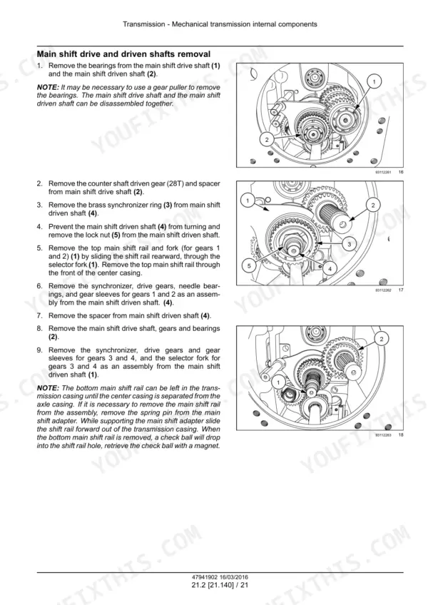 New Holland Boomer 41 47 transmission main shift drive and driven shafts removal, numbered gear and shaft cutaway illustrations