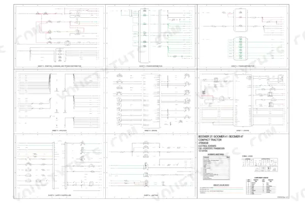 New Holland Boomer 41 47 composite electrical schematic sheet index with wire color code legend, cab hydrostatic transmission configuration