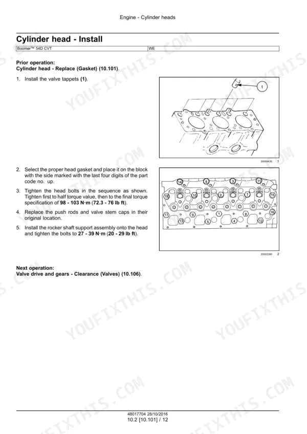 New Holland Boomer 54D CVT cylinder head installation steps with head bolt torque sequence diagram