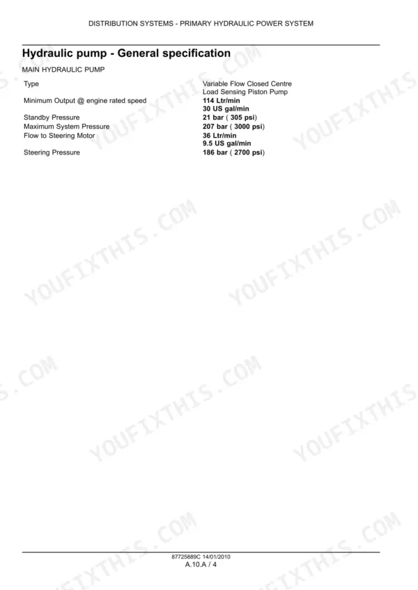 Main hydraulic pump general specification table giving minimum output, standby pressure, maximum system pressure and steering pressure