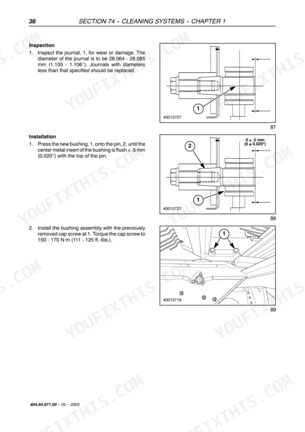 Cleaning systems inspection step with the journal wear check and its specified diameter, with a callout figure