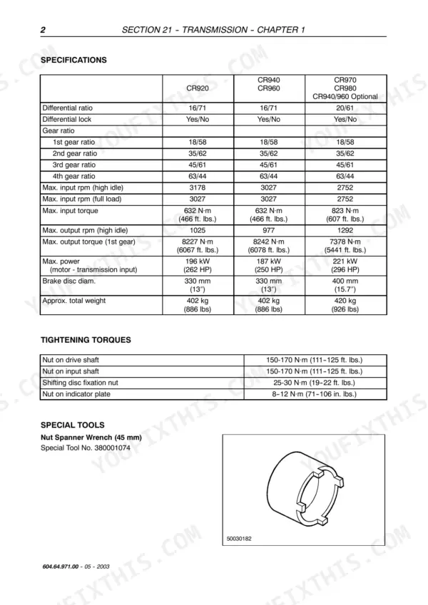 Transmission specifications with maximum output torque 8227 N.m (6067 ft. lbs.) and tightening torques including the drive shaft nut at 150-170 N.m (111-125 ft. lbs.)