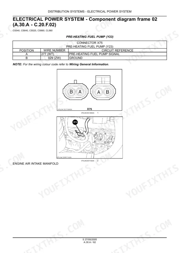 New Holland combine connector X75 pinout for the pre heating fuel pump