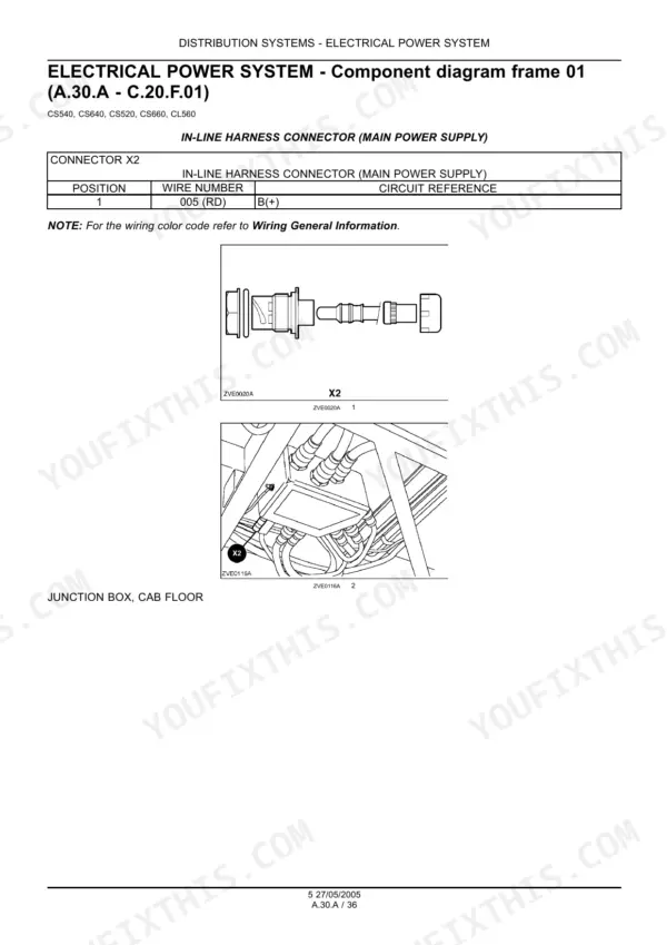 New Holland combine wiring harness connector X2 pinout for the main power supply