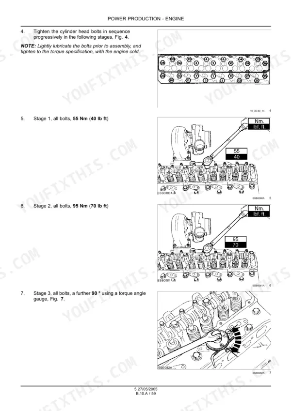 New Holland combine engine cylinder head bolt torque specifications, two stage tightening