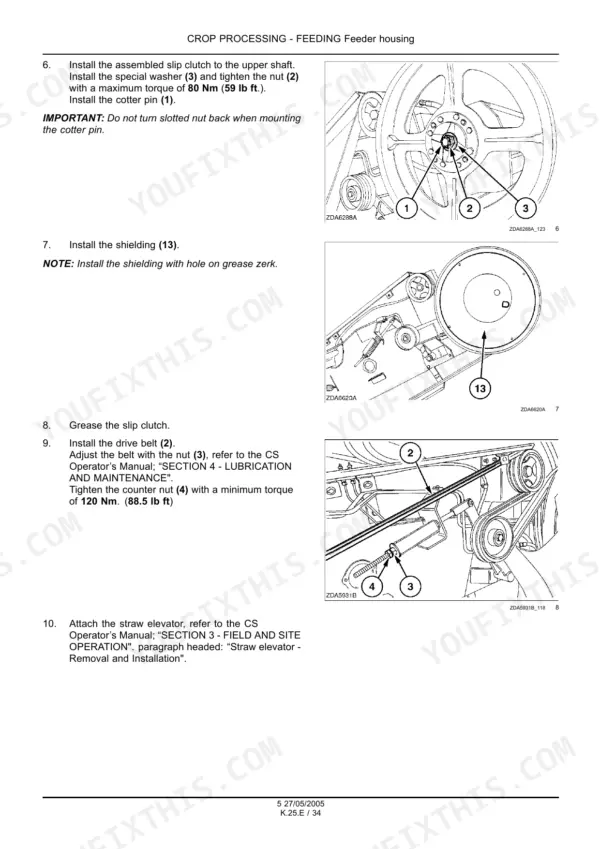 New Holland combine feeder housing slip clutch torque specification
