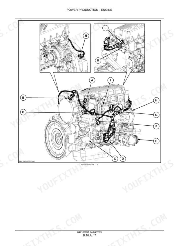 New Holland CSX7040, CSX7050, CSX7060, CSX7070, CSX7080 engine wiring harness and sensor connection diagram.