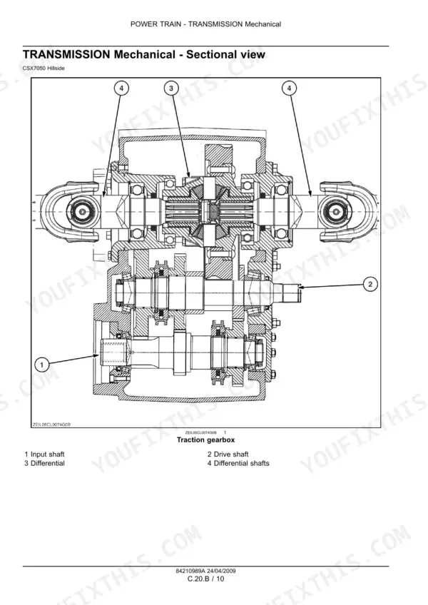 New Holland CSX7040, CSX7050, CSX7060, CSX7070, CSX7080 sectional view diagram of the mechanical traction gearbox.