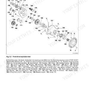 New Holland D150 final drive exploded view diagram showing gears, bearings, seals, and housing components with numbered parts list.