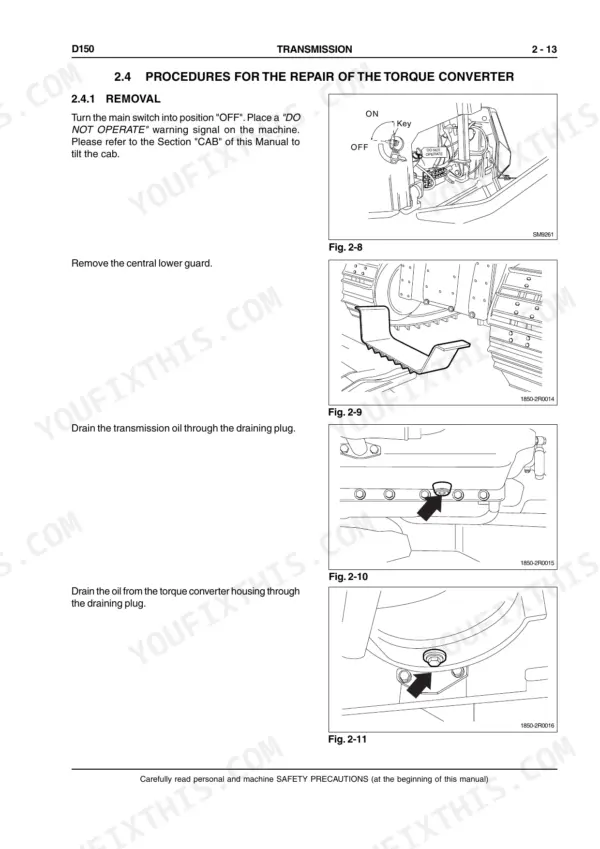 New Holland D150 torque converter removal procedure, showing ignition switch, lower guard, and transmission oil drain plug locations.