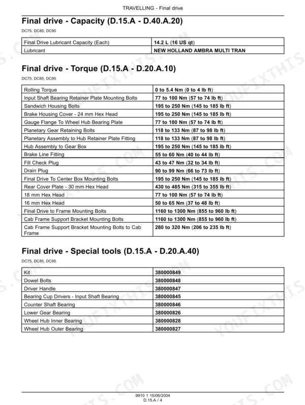 Final drive capacity and torque specification table for the crawler dozer travelling section