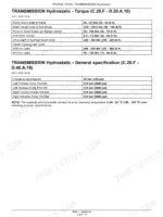 Hydrostatic transmission torque and general specification tables - pump mount bolts 68-81 Nm, drive shaft to flywheel 285-305 Nm, charge pump pressure 24 bar (350 psi), pump ports 414 bar (6000 psi)