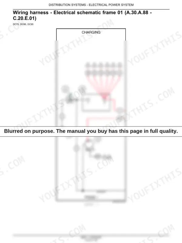 Wiring harness electrical schematic frame 01 showing the charging circuit - shipped intentionally blurred, heading and machine applicability remain readable
