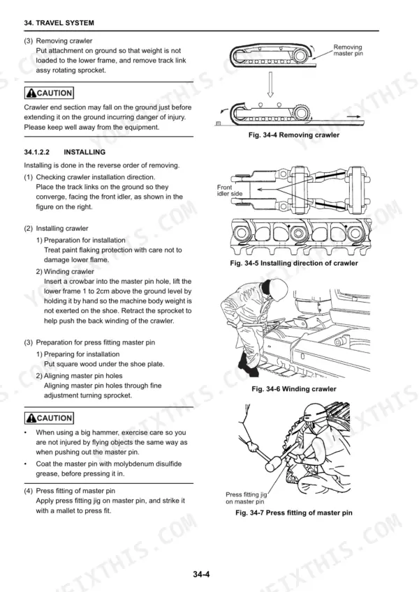 New Holland E215BJ E215BJLC travel system crawler removal and master pin press fitting procedure