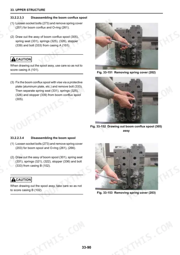 New Holland E215BJ E215BJLC upper structure disassembly, boom conflux spool removal with hand tools