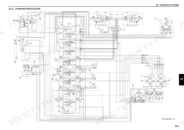 New Holland E70BSR hydraulic system schematic showing main pump, control valve, travel motors, and pilot valve circuits.