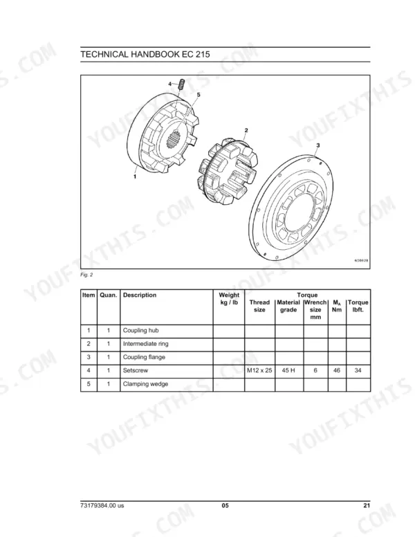 New Holland EC 215 exploded view of coupling hub, intermediate ring, and flange with torque specifications table.