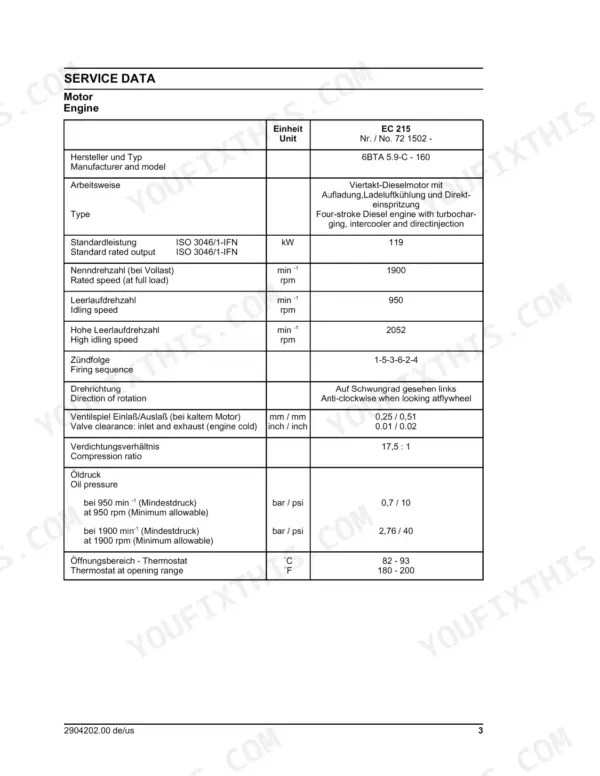 New Holland EC 215 service manual page showing engine specifications table for 6BTA 5.9-C-160 diesel engine.