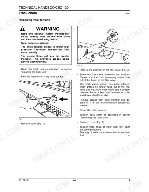 New Holland EC130 service manual page showing procedures for releasing track chain tension using filler valve diagrams.