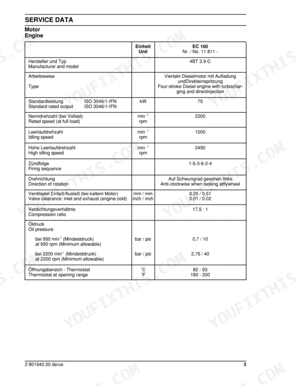 New Holland EC160 service manual engine specifications table including valve clearance, oil pressure, and firing sequence.