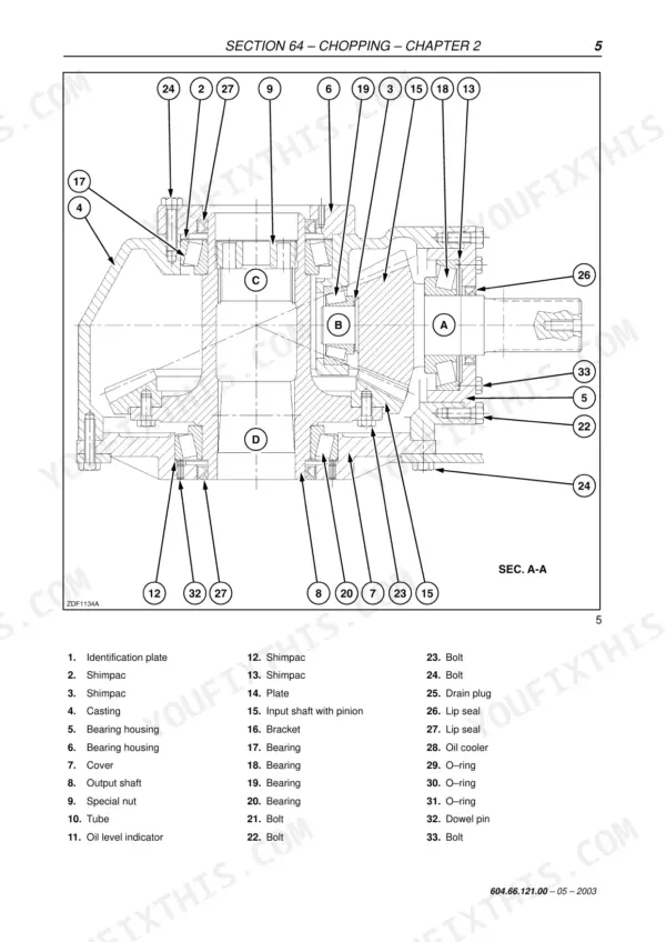 New Holland FX30-FX60NA cutterhead assembly exploded view