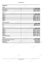 Machine dimensions table - length 5760 mm (226.8 in) with lift arms, wheel base 3494 mm (137.6 in), heights and widths per tyre option