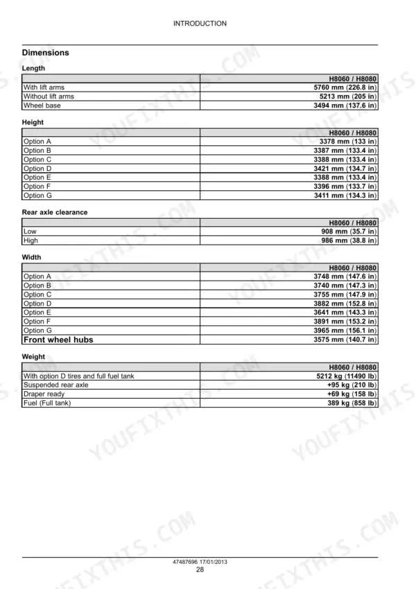 Machine dimensions table - length 5760 mm (226.8 in) with lift arms, wheel base 3494 mm (137.6 in), heights and widths per tyre option