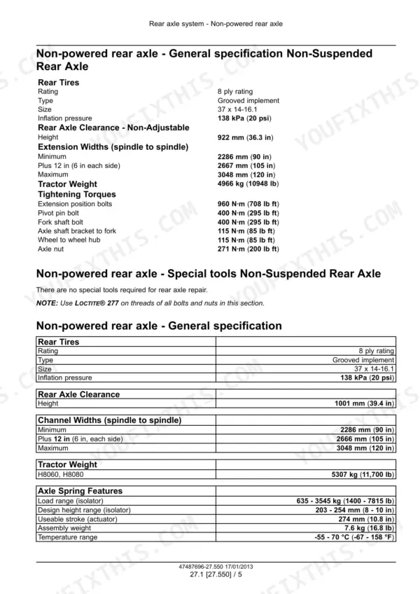 Non-powered rear axle specification and tightening torque table - extension position bolts 960 N.m (708 lb ft), pivot pin bolt 400 N.m, axle nut 271 N.m (200 lb ft), machine weight 5307 kg (11,700 lb)