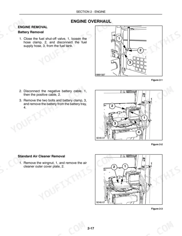 New Holland L250, L255 engine overhaul procedures for fuel supply, battery, and standard air cleaner removal diagrams.