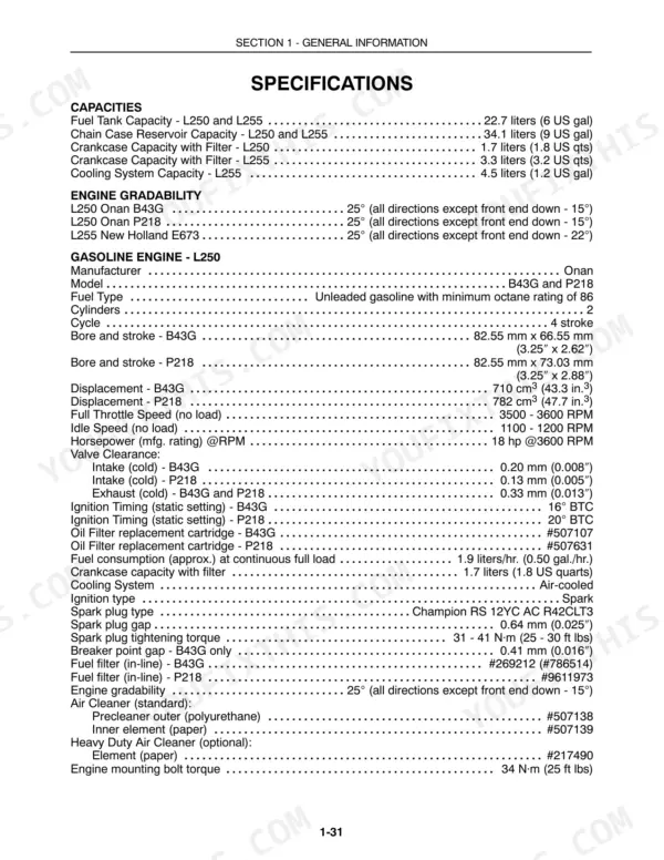 New Holland L250, L255 service manual specifications page listing engine capacities, gradability, and Onan engine technical data.