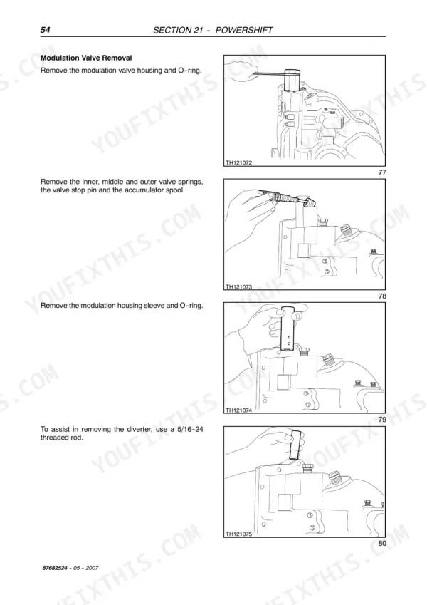 New Holland LM1340-LM1745 TURBO: Modulation valve removal procedure, housing, springs, spool, and diverter removal diagrams.