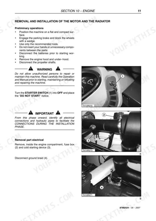 New Holland LM1340 TURBO-LM1745 TURBO engine and radiator removal procedure, showing starter switch, fuse box, and ground braid.