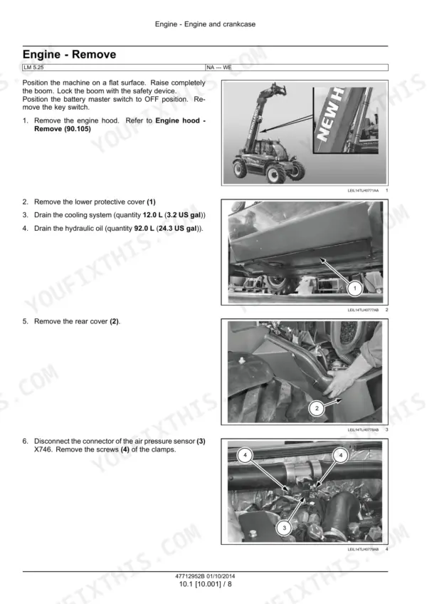 New Holland LM5.25, LM6.28 engine removal procedure showing hood, protective cover, and air pressure sensor removal steps.