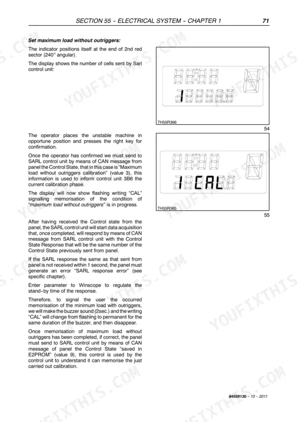 New Holland LM5020 service manual procedure for calibrating maximum load without outriggers and display panel indicators.