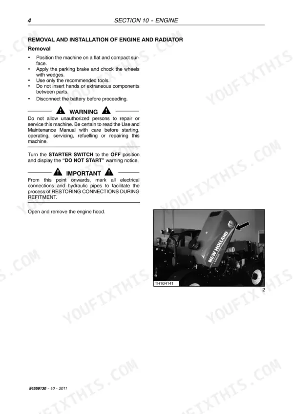 New Holland LM5020 engine and radiator removal procedure, including safety warnings and hood opening instructions.