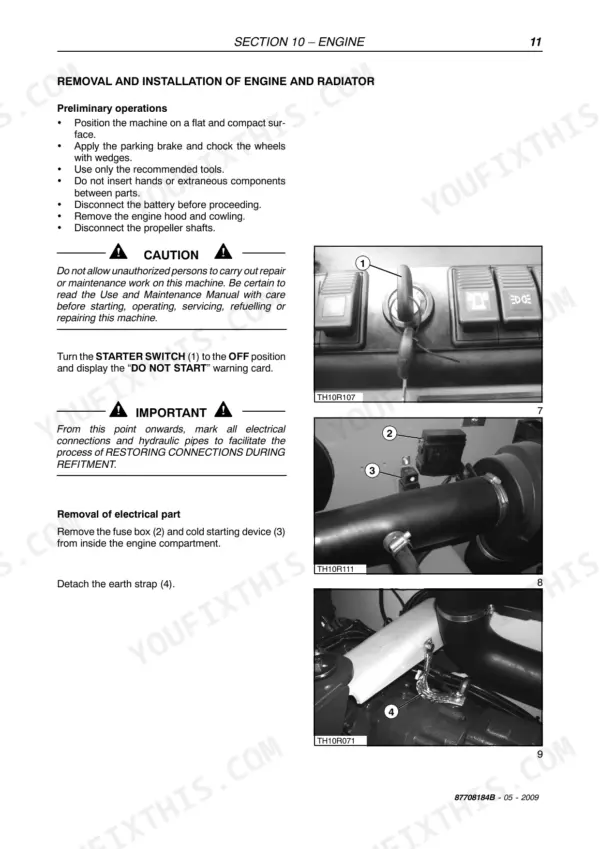 New Holland LM740 engine and radiator removal procedure, showing starter switch, fuse box, cold start device, and earth strap.