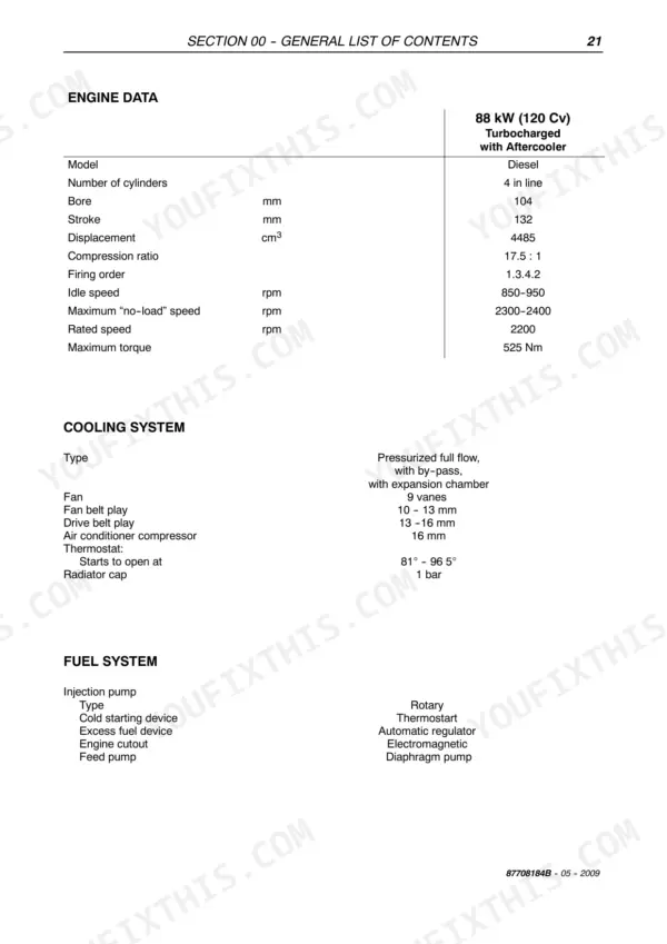 New Holland LM740 service manual page showing engine data, cooling system specifications, and fuel system component details.
