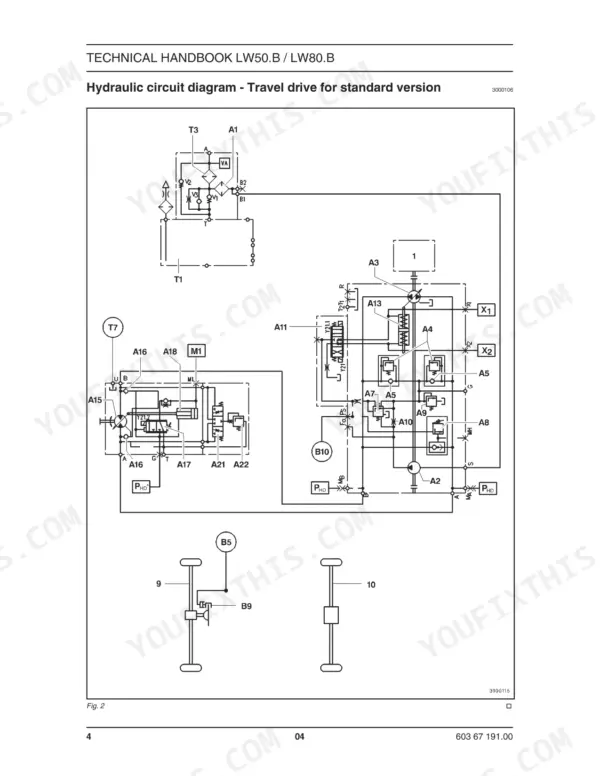 New Holland LW50B, LW80B hydraulic circuit diagram for the standard version travel drive system components.