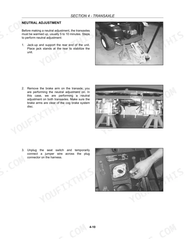 New Holland MZ14H, MZ16H, MZ18H transaxle neutral adjustment procedure steps, including jacking, brake arm removal, and seat switch jumper.