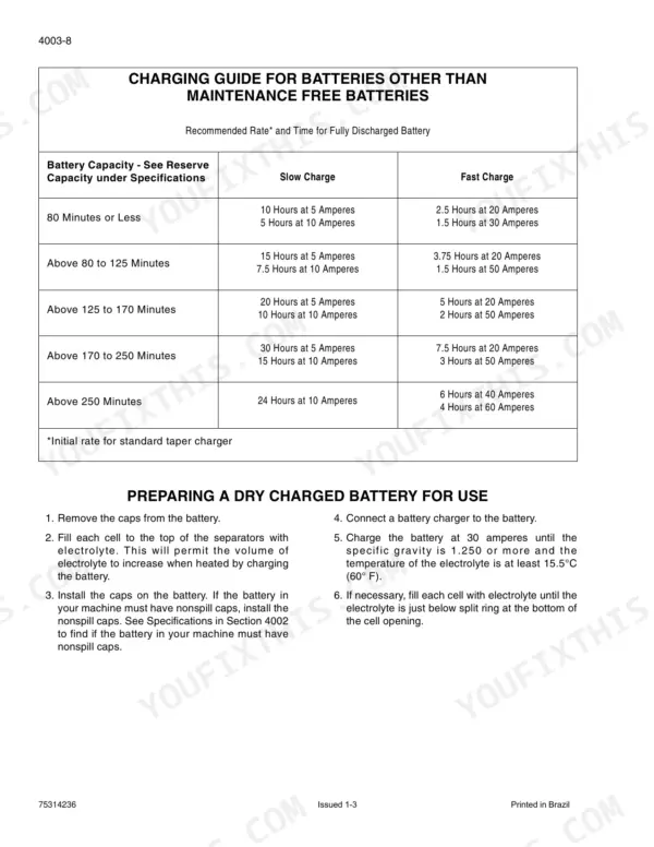 New Holland RG140.B, RG170.B, RG200.B battery charging guide table and dry charged battery preparation procedures.