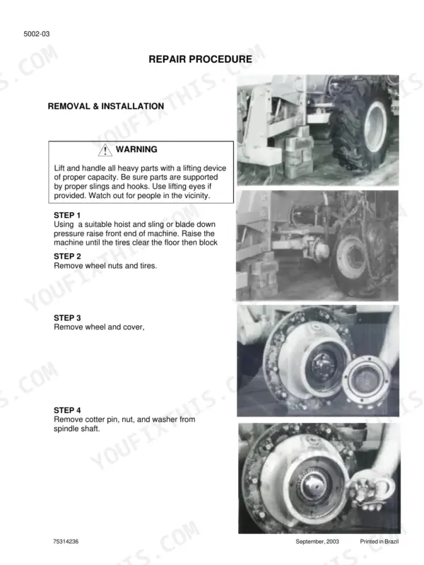 New Holland RG140.B, RG170.B, RG200.B procedure for front wheel removal and spindle shaft disassembly with photos.