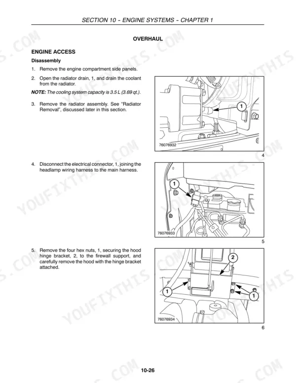 New Holland T1010, T1030, T1110 engine access disassembly procedures, including radiator drain and hood hinge removal diagrams.