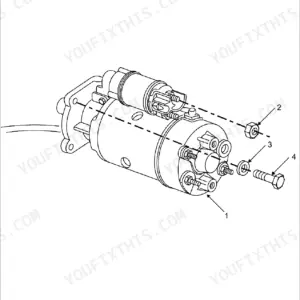 New Holland TB100 exploded view diagram of the engine starter motor assembly showing mounting hardware and electrical terminals.