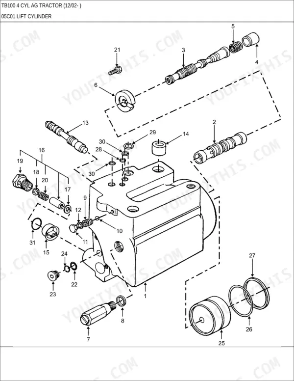 New Holland TB100 exploded view diagram of the lift cylinder assembly showing internal valves, seals, and housing components.