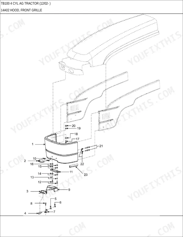 New Holland TB100 exploded view diagram of the tractor hood and front grille assembly with numbered component parts.