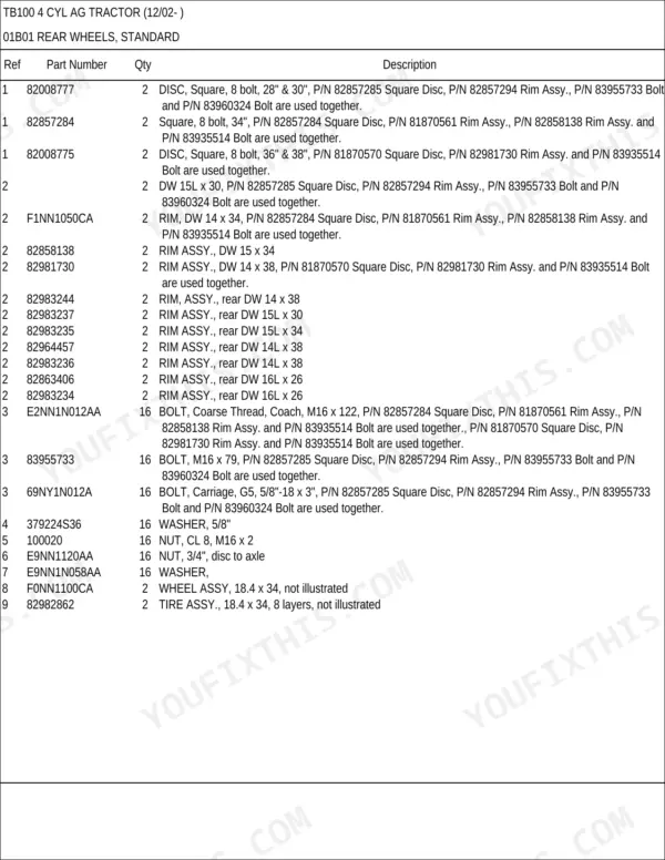 New Holland TB100 parts list for standard rear wheels, including rim assemblies, discs, bolts, and nuts.