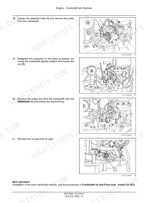 Engine crankshaft and flywheel work: loosening the retention bolts and drawing the pulley off, with the workshop illustration for the step