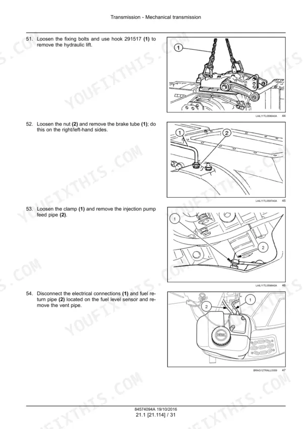 Mechanical transmission strip-down: releasing the fixing bolts and lifting the assembly with the numbered special hook called out by its tool number