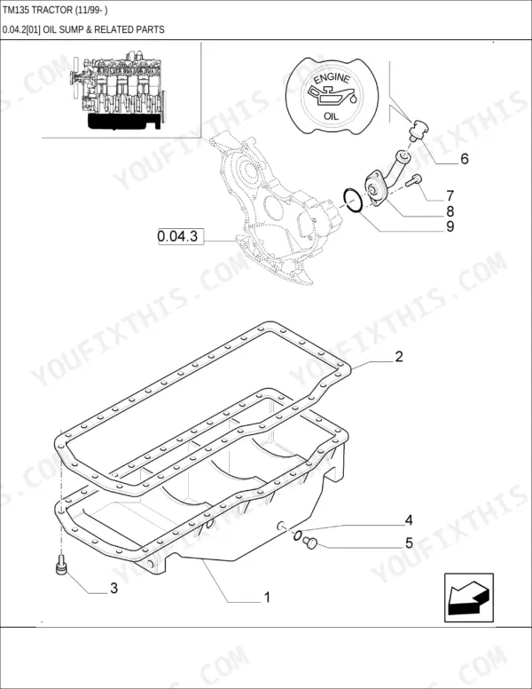 New Holland TM135 exploded view of engine oil sump, oil pan, gasket, and oil filler cap components.