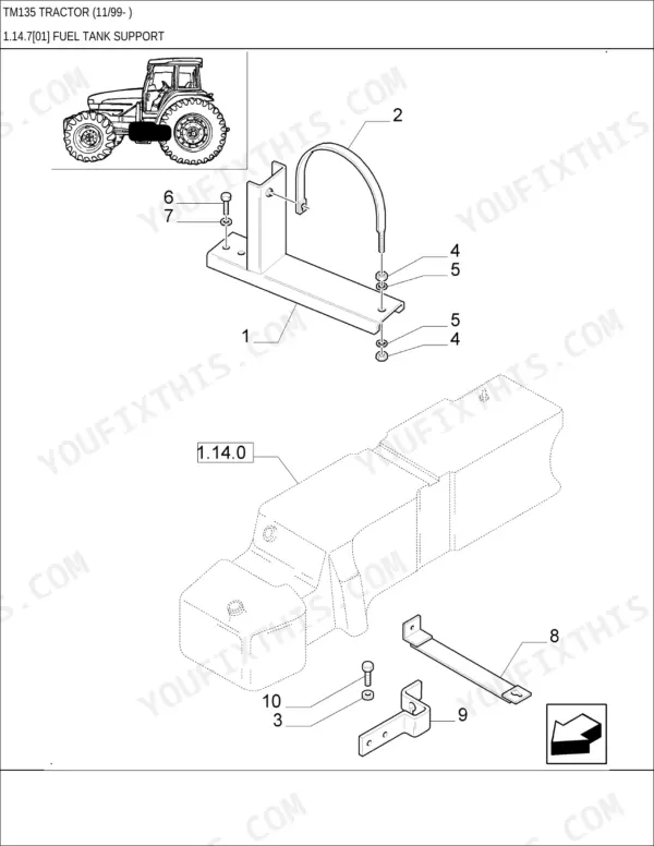 New Holland TM135 exploded view diagram of fuel tank support, mounting brackets, straps, and hardware components.
